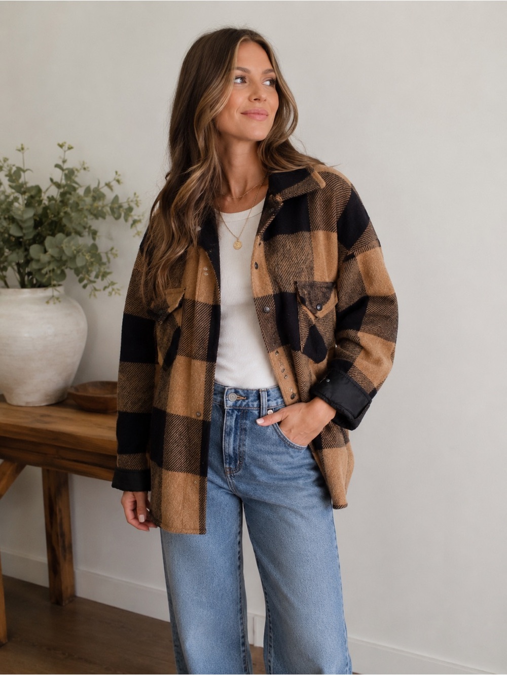 Checked Shacket Jacket - Black & Tan